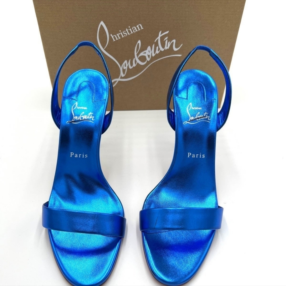 Christian Louboutin Blue Alize 100mm Metallic Leather Strappy O Marylin